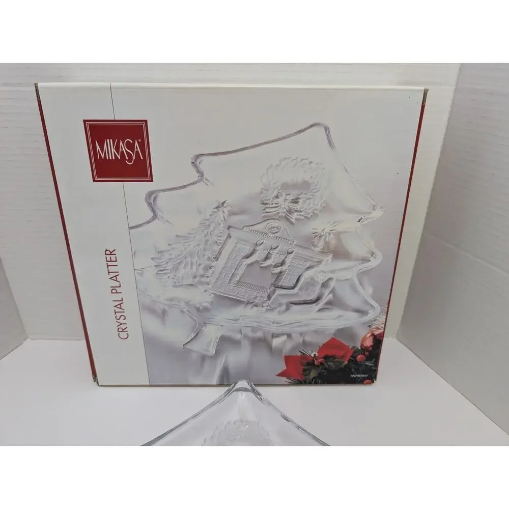 VTG Mikasa Holiday Classics Crystal Christmas Tree Platter Embossed Fireplace
